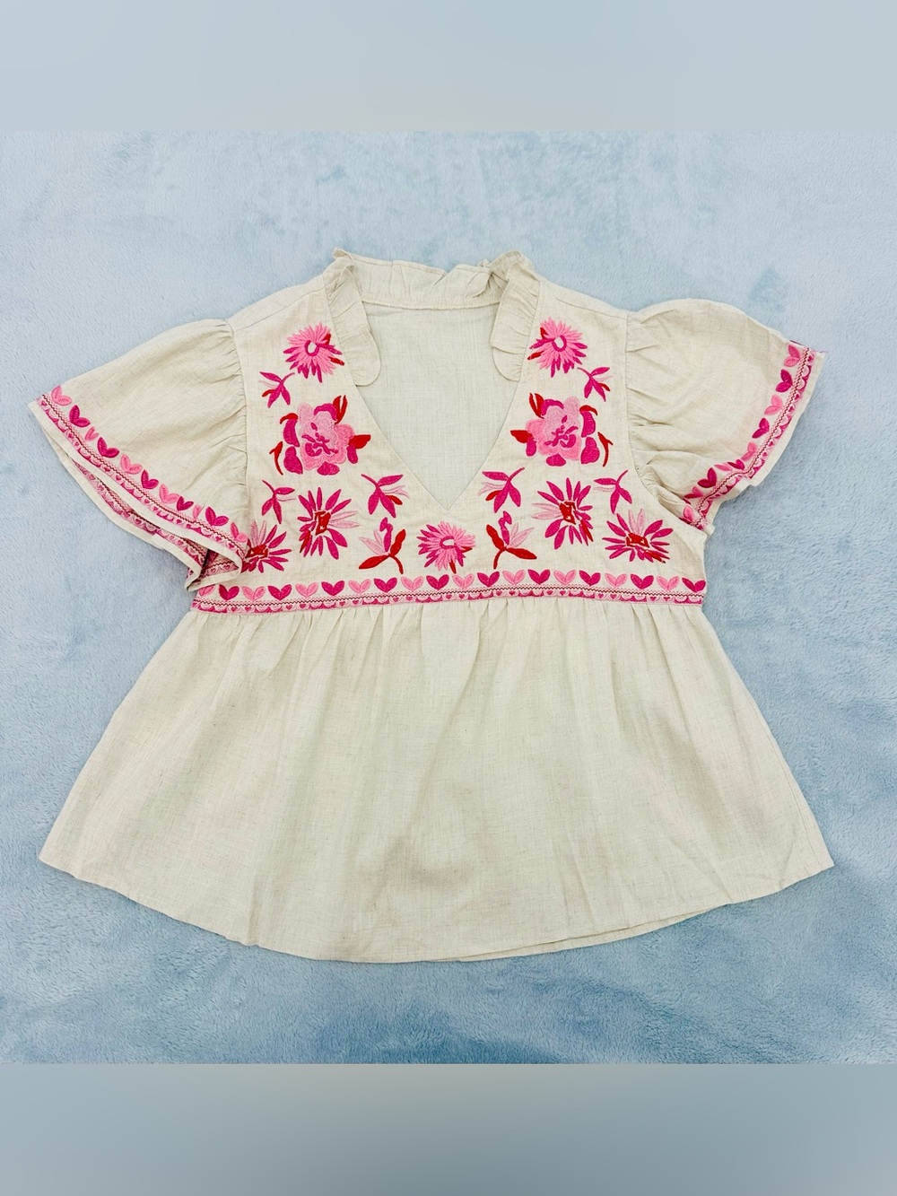 Embroidered Cream Peasant Top with Pink Floral Detail